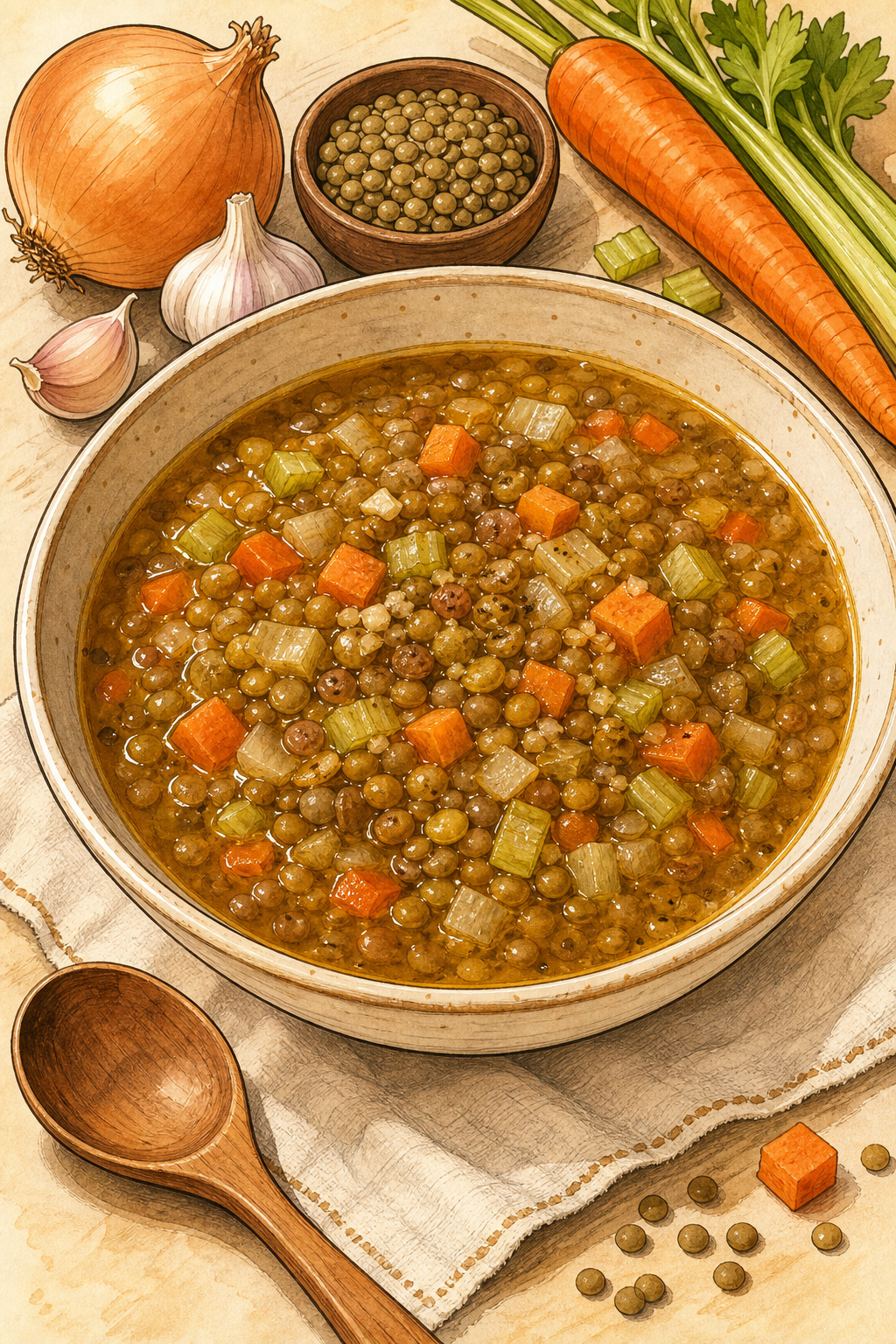 Lebanese Brown Lentil Soup illustrated recipe card