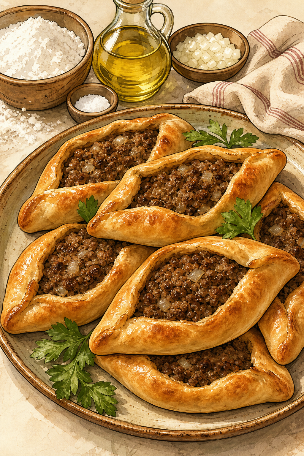 Fatayer bi Lahme illustrated recipe card