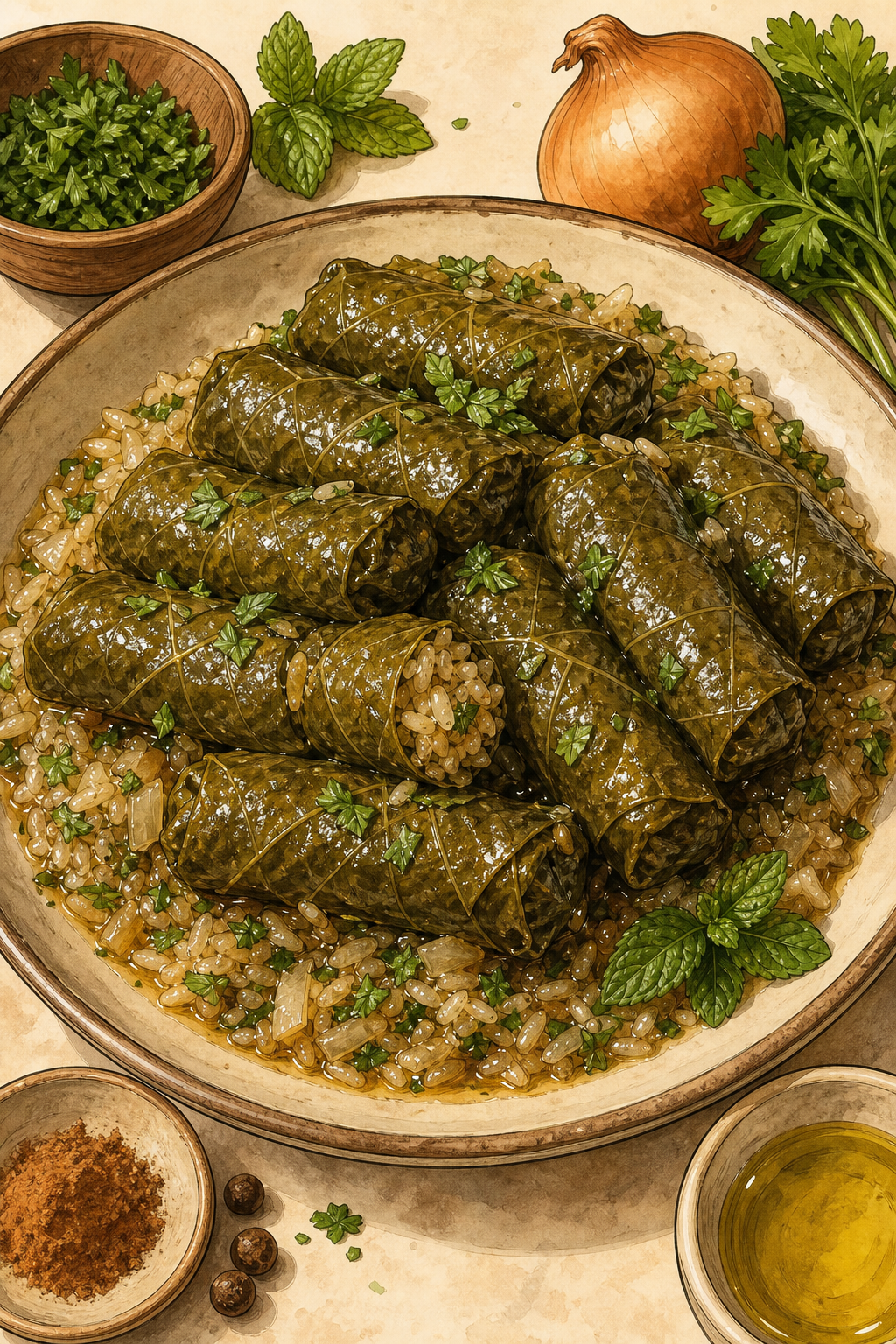 Lebanese Stuffed Grape Leaves illustrated recipe card