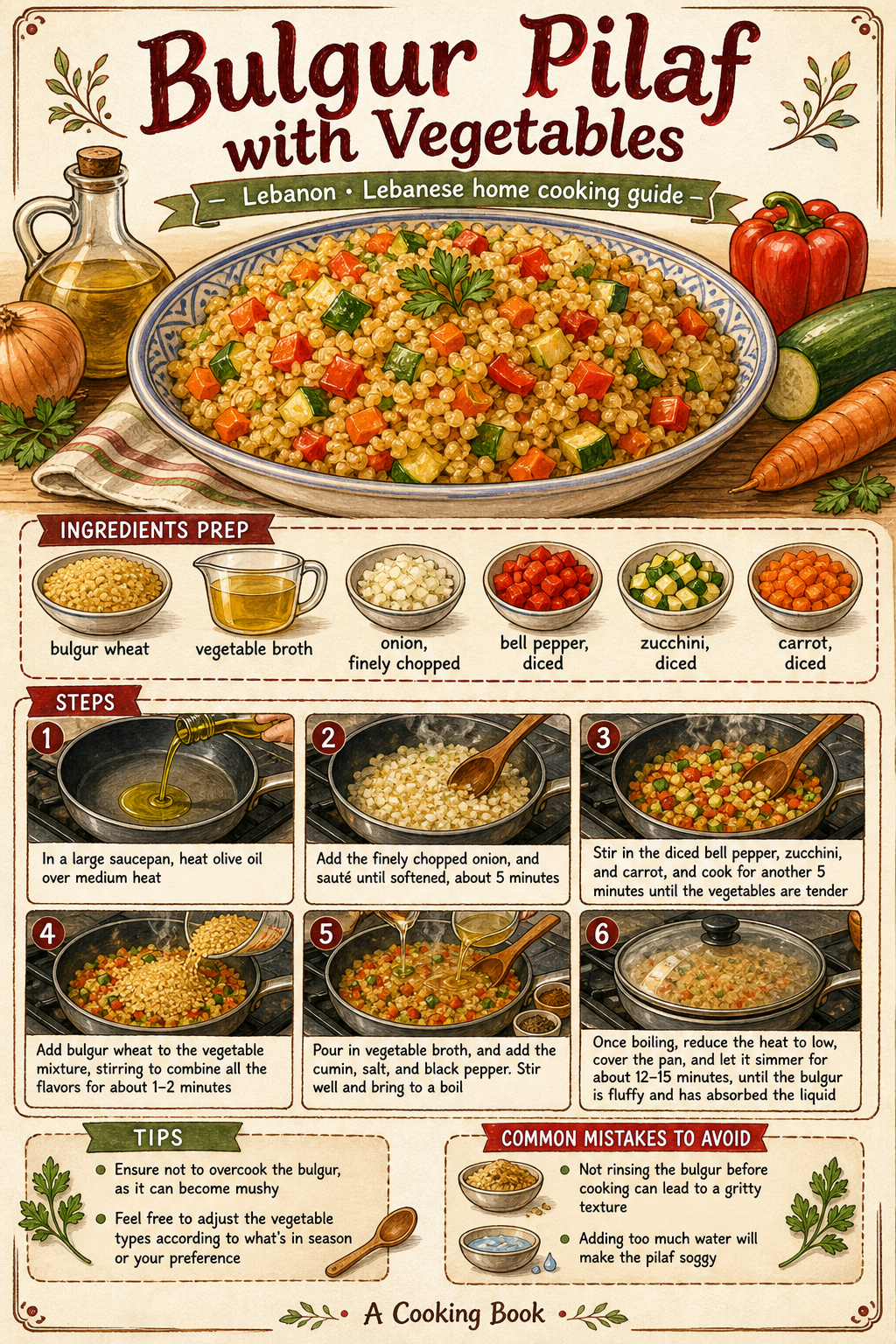 Lebanese Vegetable Bulgur Pilaf illustrated step-by-step cooking guide