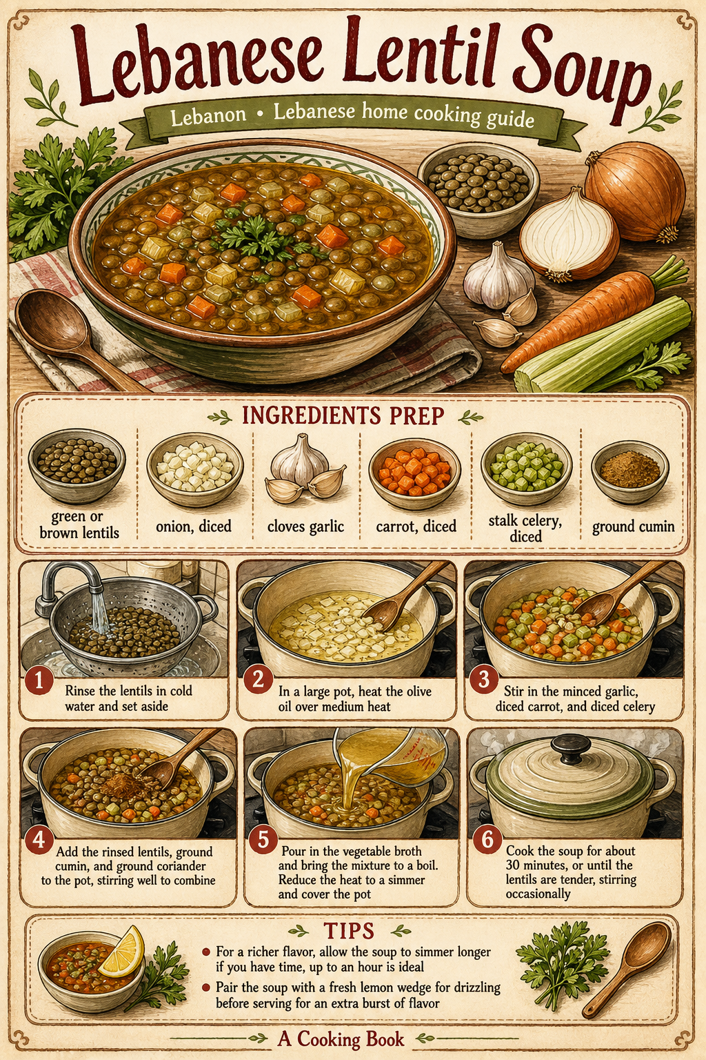 Lebanese Brown Lentil Soup illustrated step-by-step cooking guide
