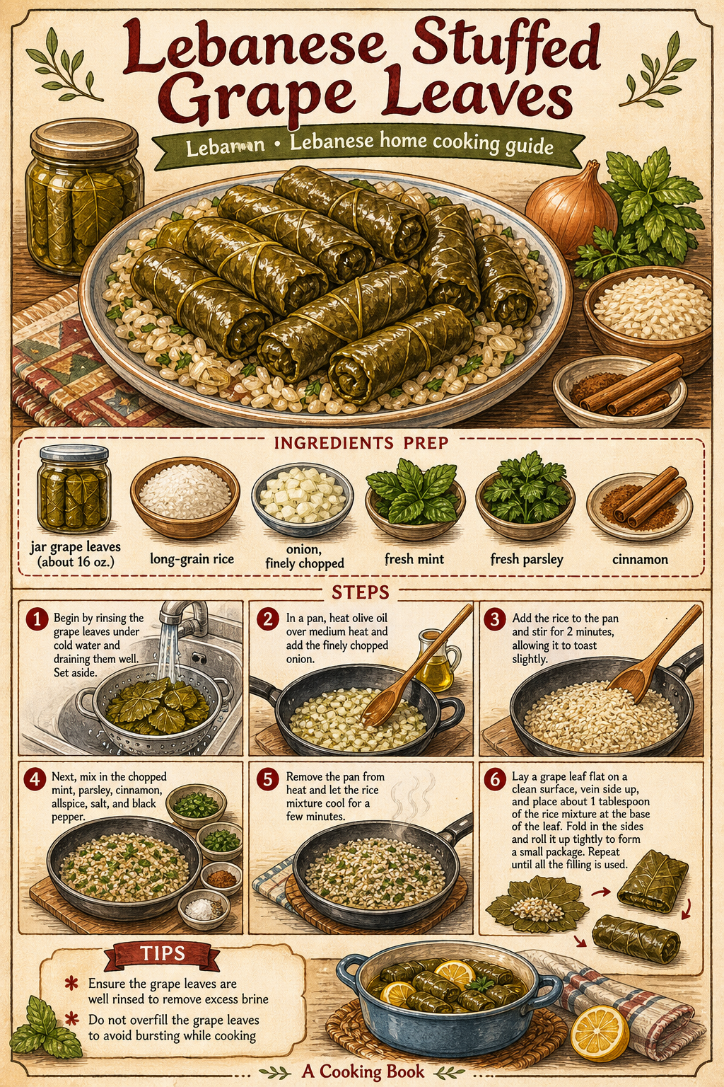 Lebanese Stuffed Grape Leaves illustrated step-by-step cooking guide