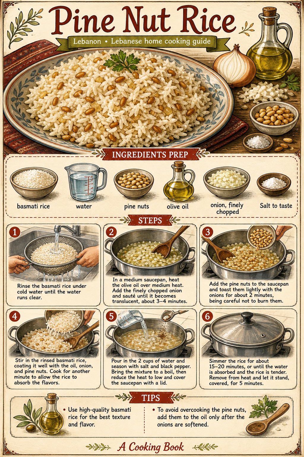 Lebanese Rice with Vermicelli and Pine Nuts illustrated step-by-step cooking guide