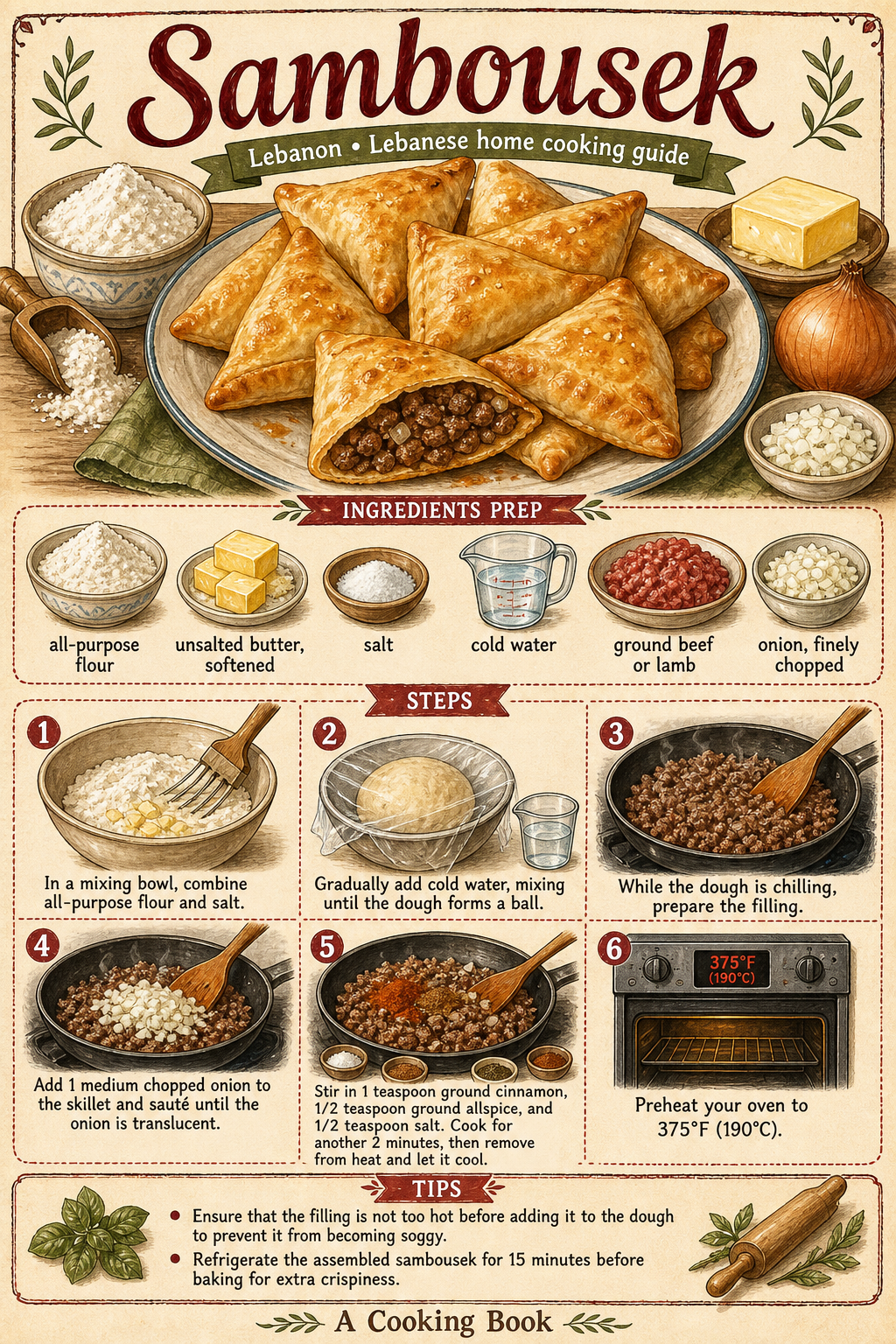 Baked Sambousek bi Lahme illustrated step-by-step cooking guide