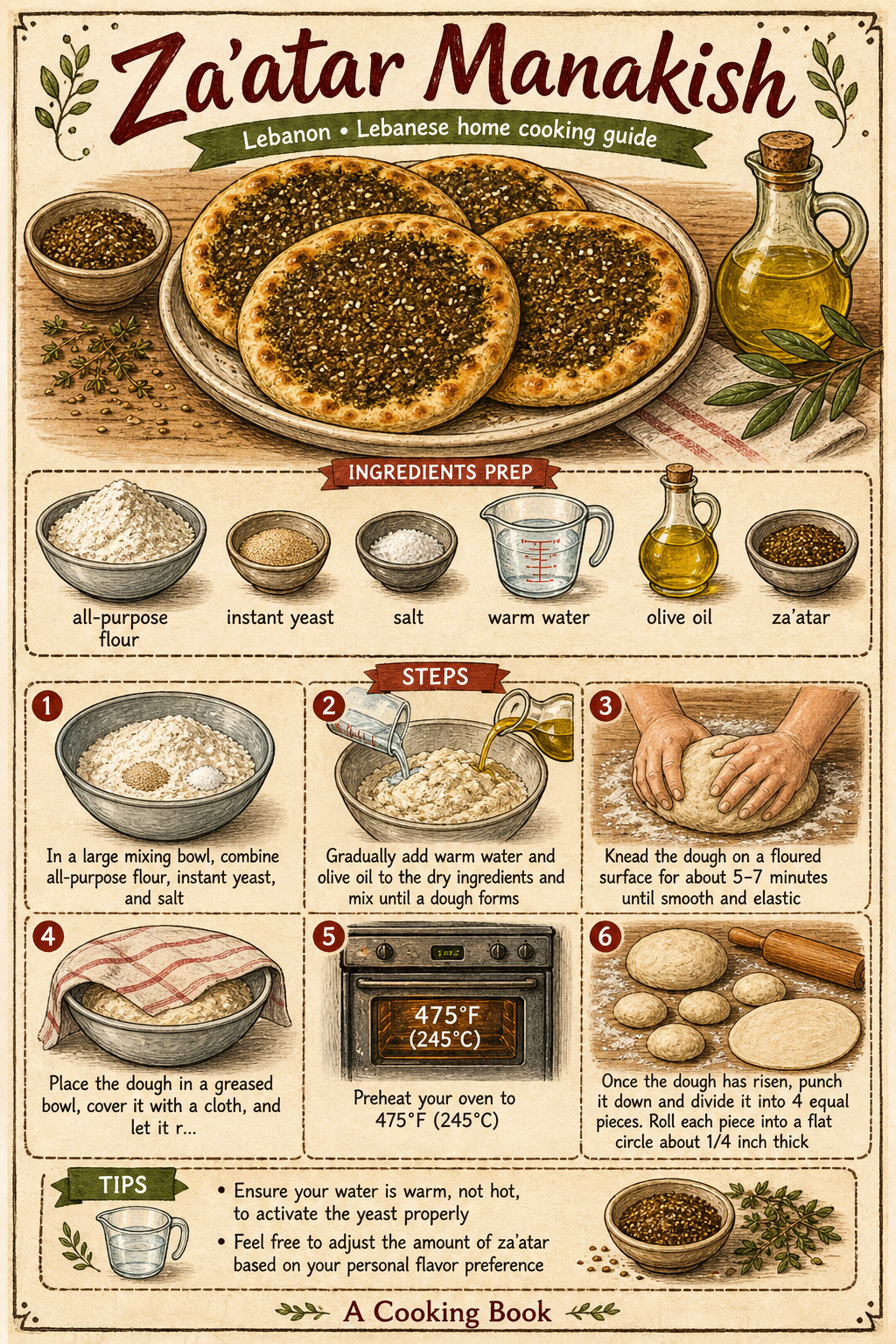 Za'atar Manakish illustrated step-by-step cooking guide