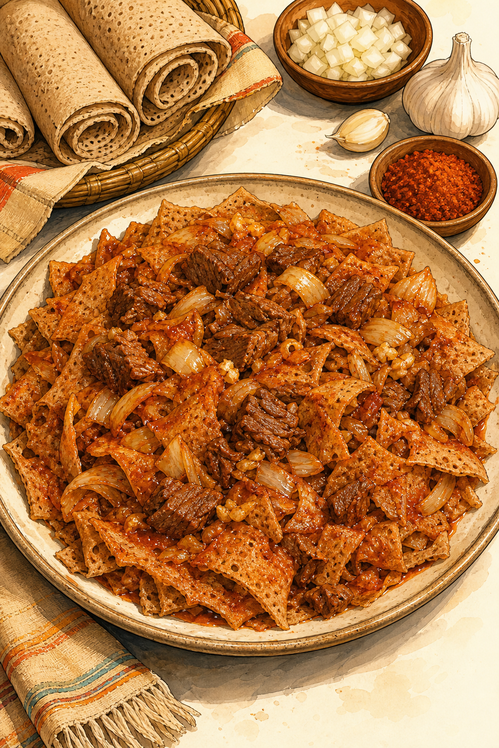 Injera Firfir with Berbere and Niter Kibbeh