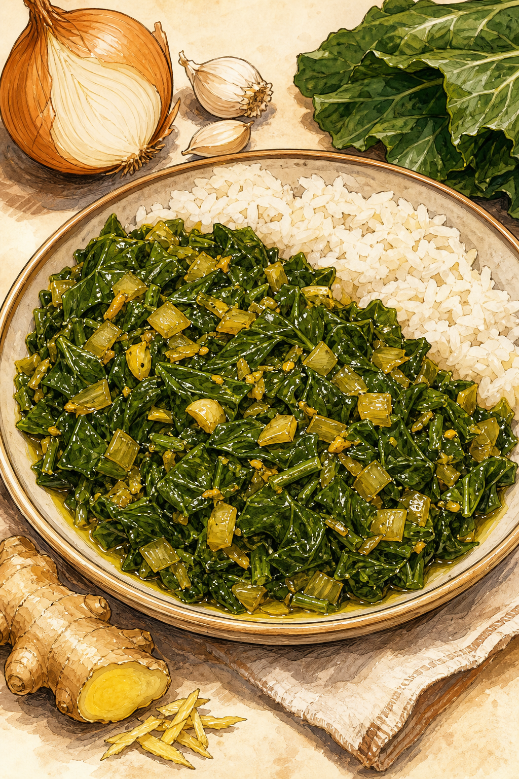 Ye'abesha Gomen (Ethiopian Collard Greens) illustrated recipe card