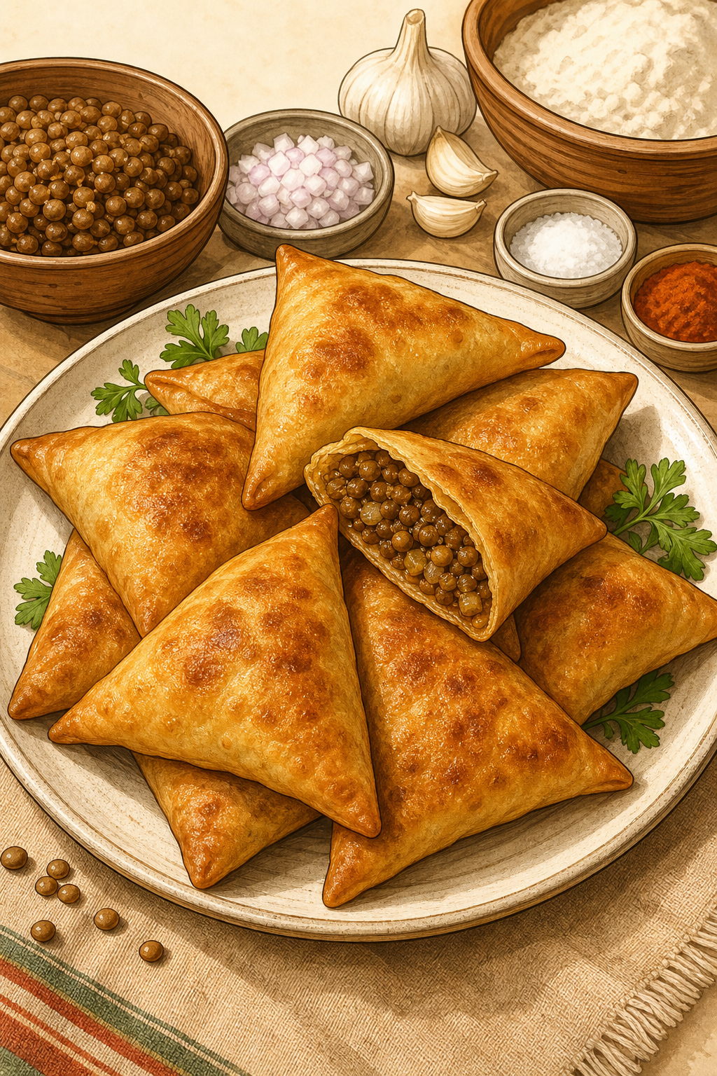 Ethiopian Lentil Sambusa illustrated recipe card