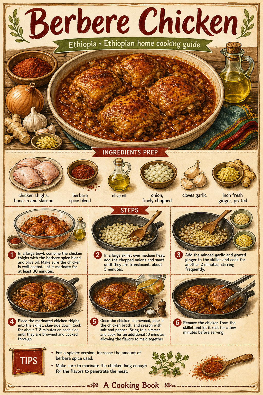 Doro Tibs (Ethiopian Berbere Chicken Sauté) illustrated step-by-step cooking guide