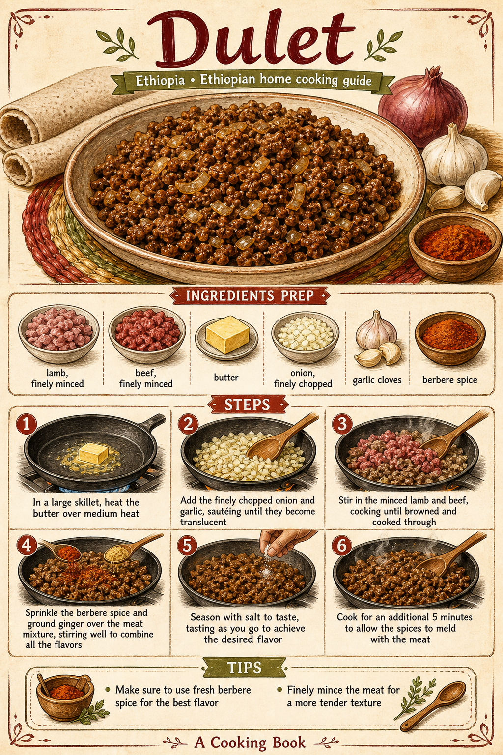 Ethiopian Dulet with Liver and Tripe illustrated step-by-step cooking guide