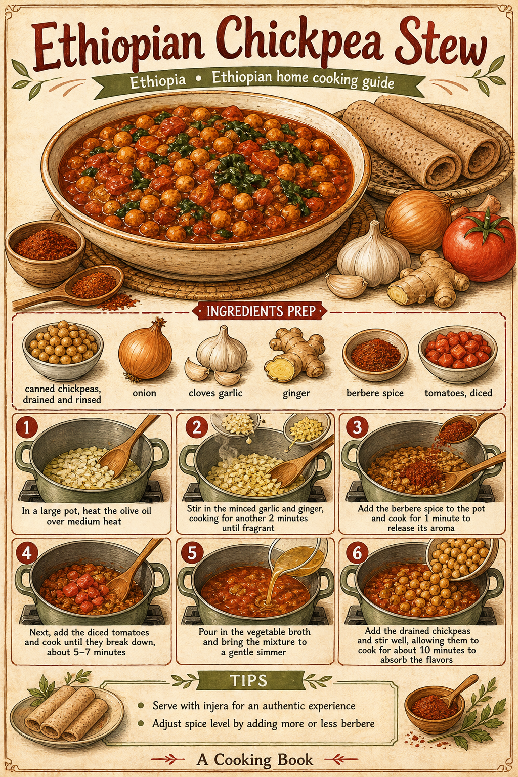 Modern Ethiopian Berbere Chickpea Stew illustrated step-by-step cooking guide