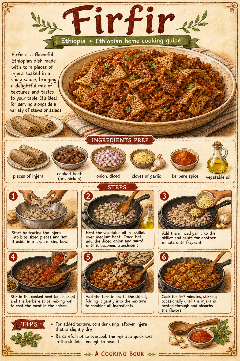 Injera Firfir with Berbere and Niter Kibbeh illustrated step-by-step cooking guide