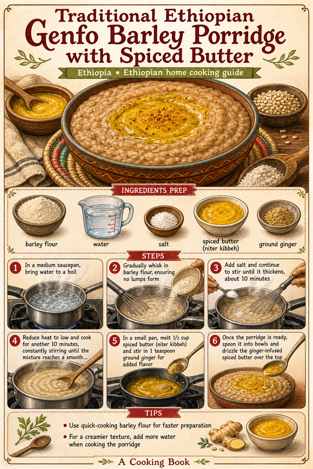 Traditional Ethiopian Genfo with Niter Kibbeh illustrated step-by-step cooking guide