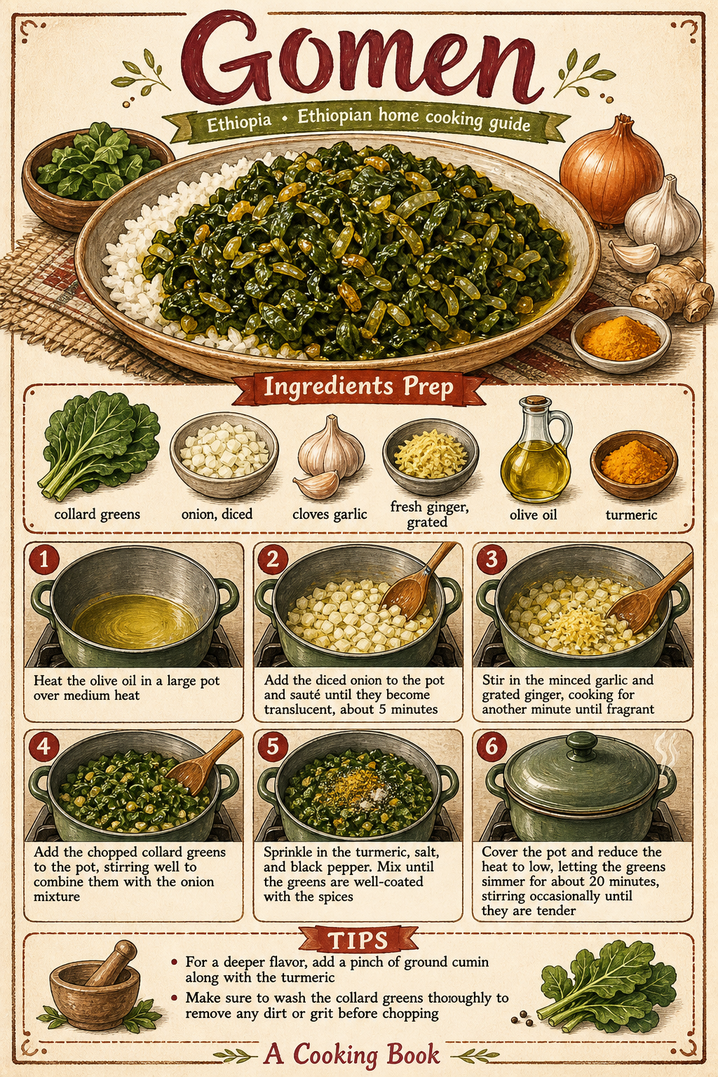 Ye'abesha Gomen (Ethiopian Collard Greens) illustrated step-by-step cooking guide
