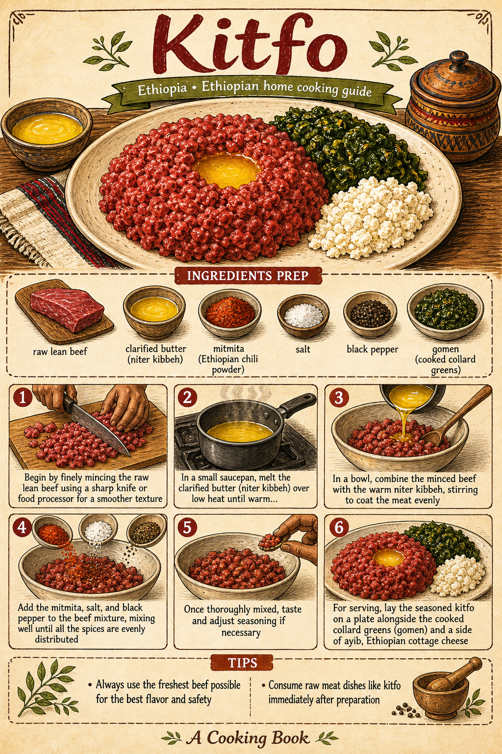 Ethiopian Kitfo with Ayib and Gomen illustrated step-by-step cooking guide