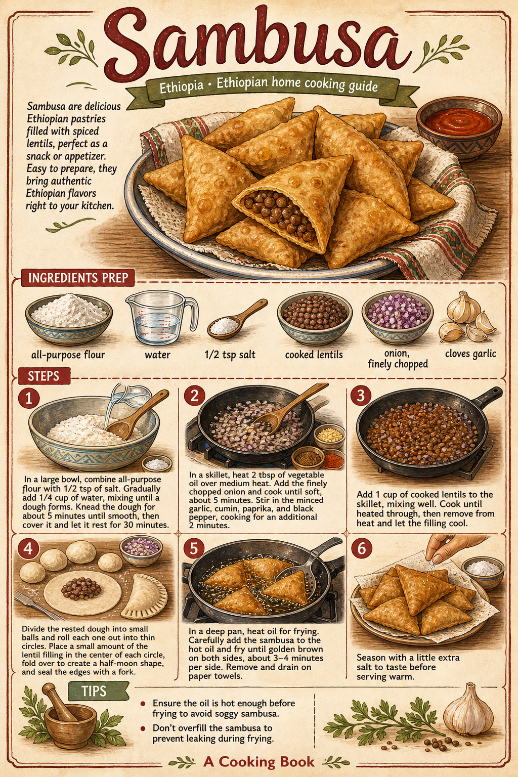 Ethiopian Lentil Sambusa illustrated step-by-step cooking guide