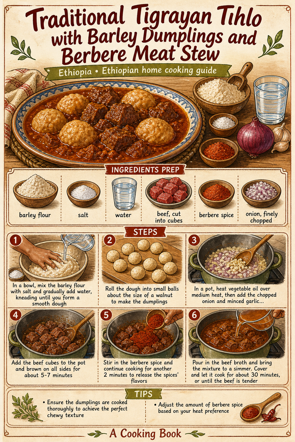 Traditional Tigrayan Tihlo with Siga Wot illustrated step-by-step cooking guide