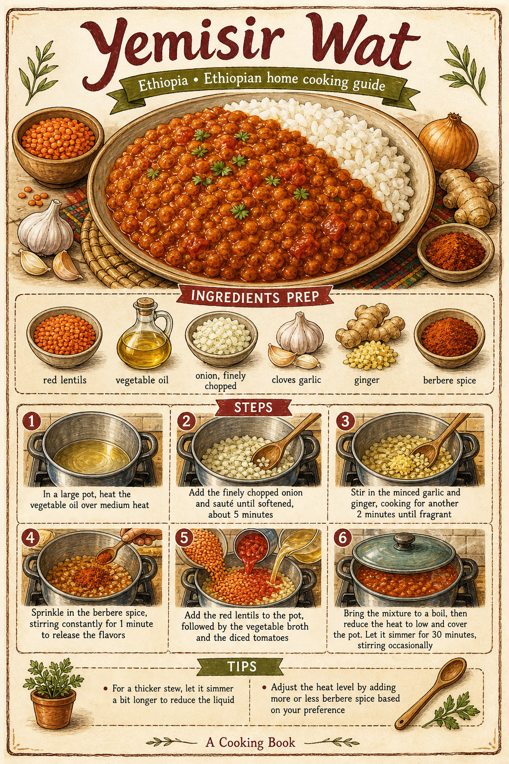 Misir Wot (Ethiopian Red Lentil Stew) illustrated step-by-step cooking guide