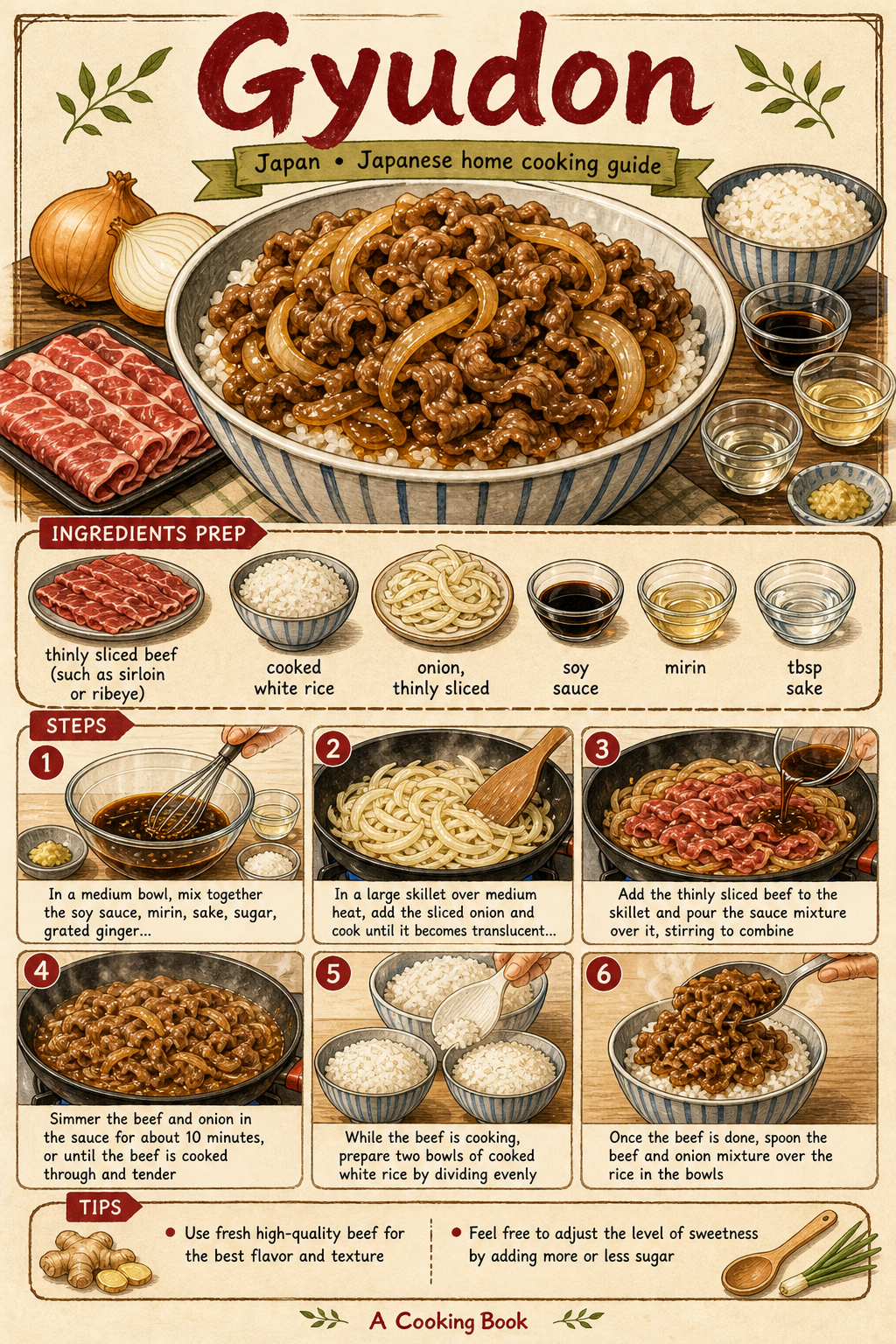 Gyudon illustrated step-by-step cooking guide