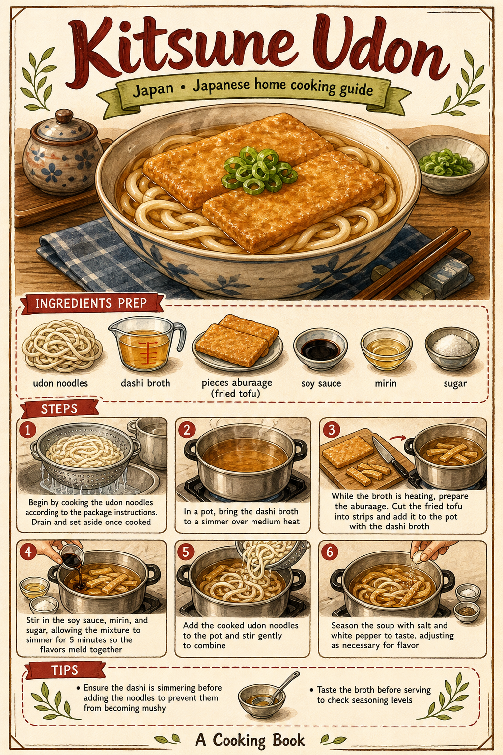 Kitsune Udon illustrated step-by-step cooking guide