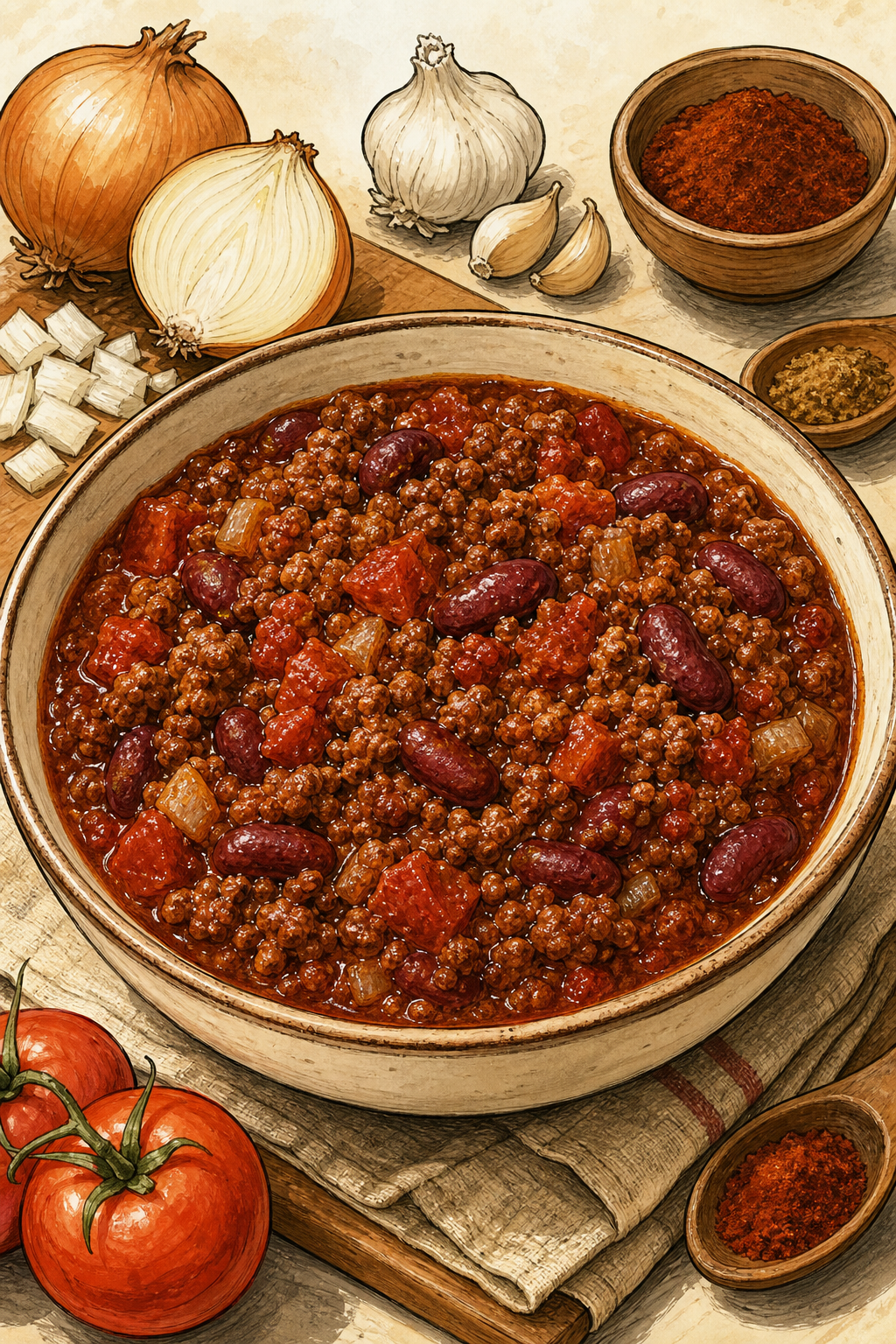 American Chili con Carne with Beans illustrated recipe card