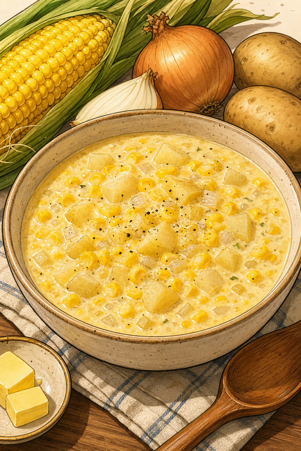 Classic American Corn Chowder illustrated recipe card