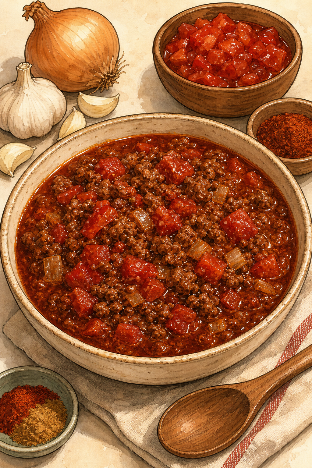 Texas Red Chili (No Beans) illustrated recipe card