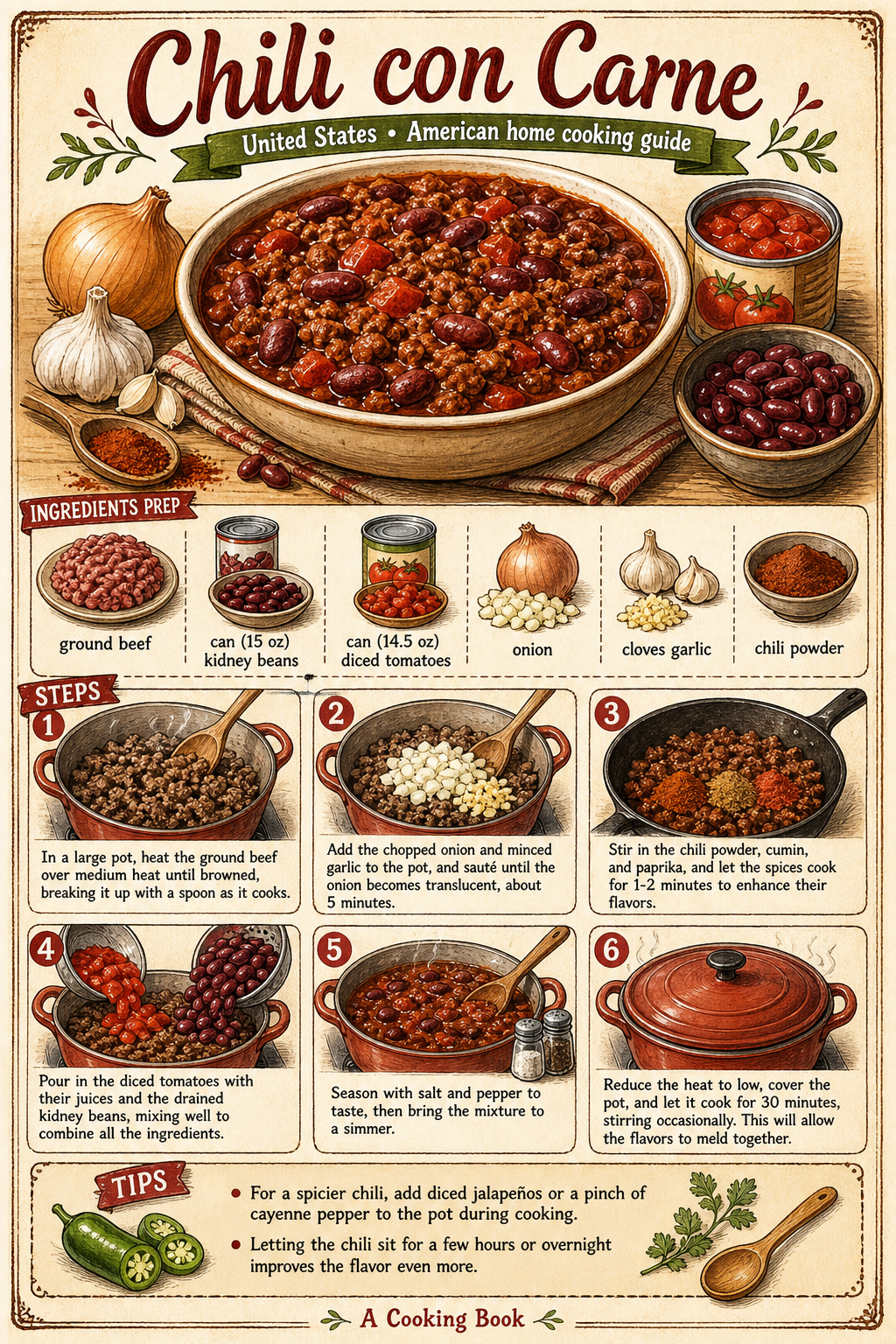 American Chili con Carne with Beans illustrated step-by-step cooking guide