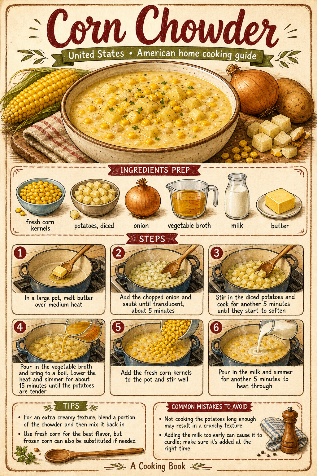 Classic American Corn Chowder illustrated step-by-step cooking guide