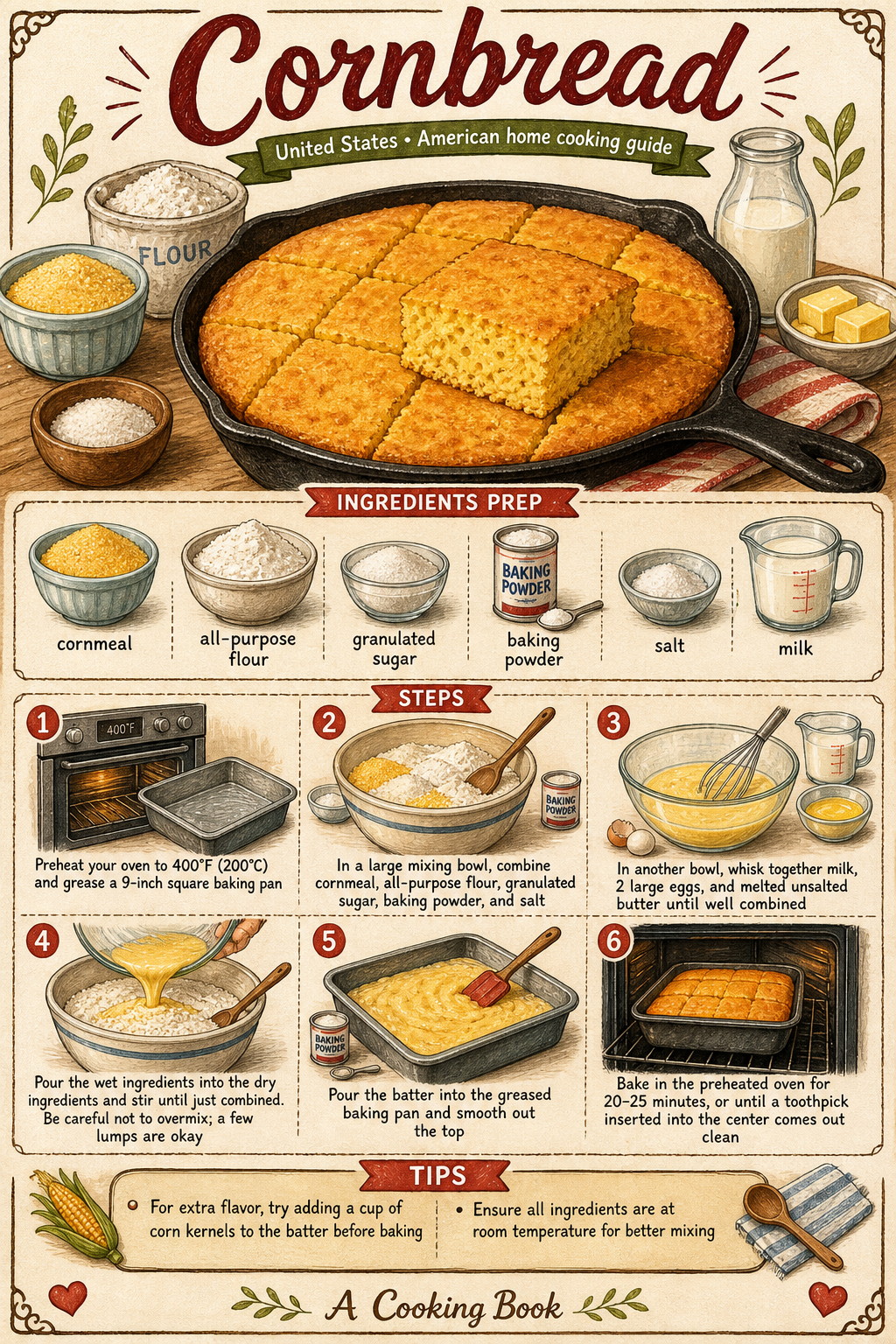 Southern Skillet Cornbread illustrated step-by-step cooking guide