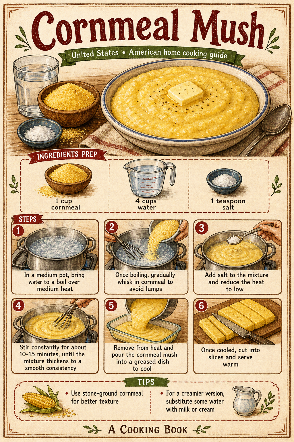 Traditional American Cornmeal Mush illustrated step-by-step cooking guide