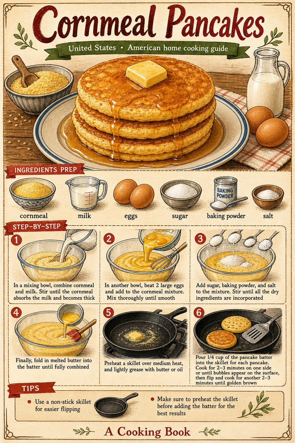 Buttermilk Cornmeal Pancakes illustrated step-by-step cooking guide