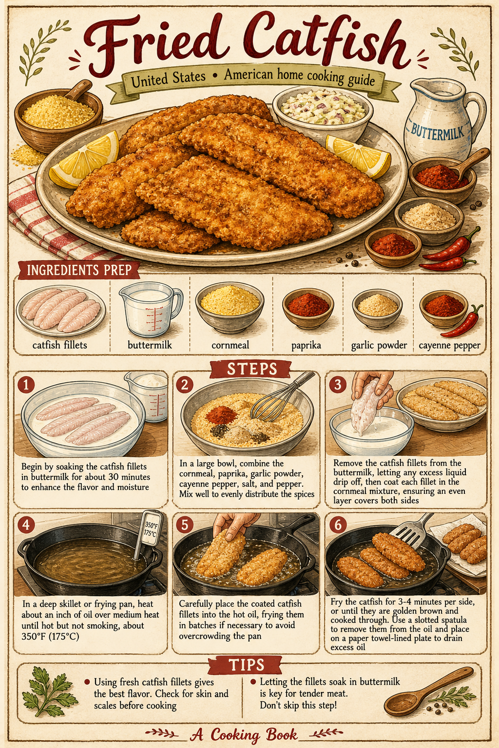 Southern Cornmeal-Fried Catfish illustrated step-by-step cooking guide