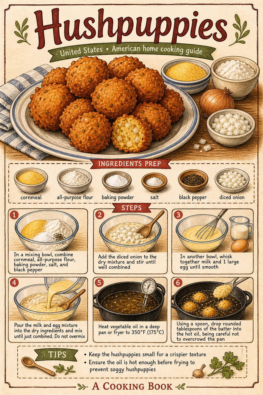 Southern Buttermilk Hushpuppies illustrated step-by-step cooking guide