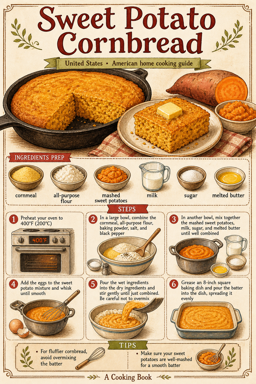 Southern Sweet Potato Cornbread illustrated step-by-step cooking guide
