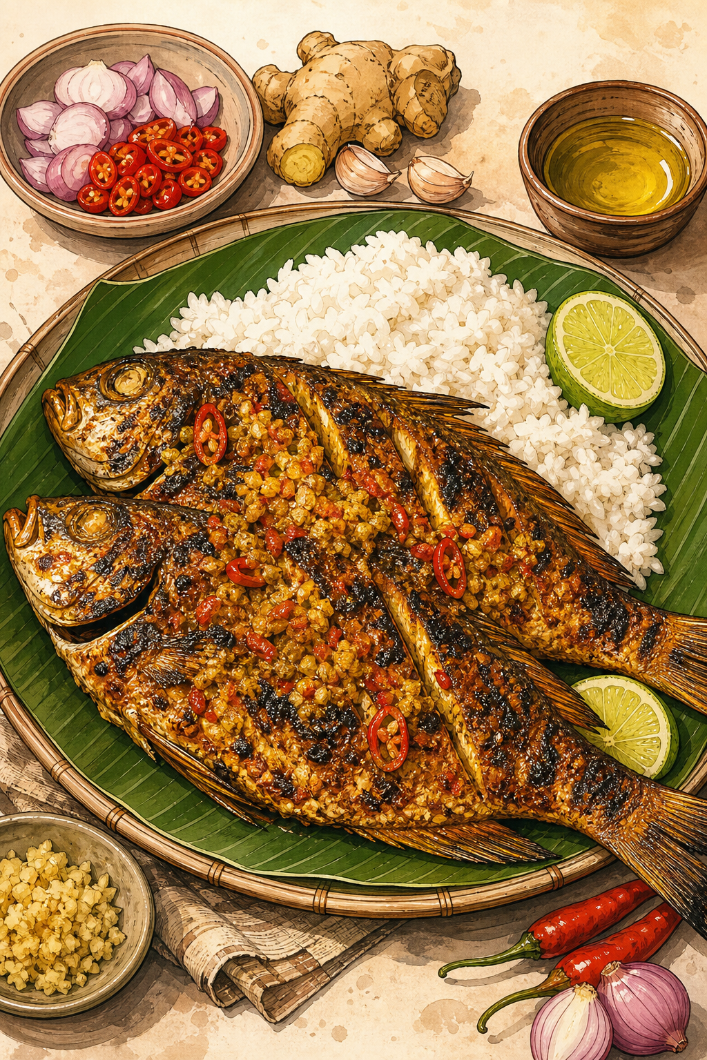 Balinese Ikan Bakar Jimbaran illustrated recipe card