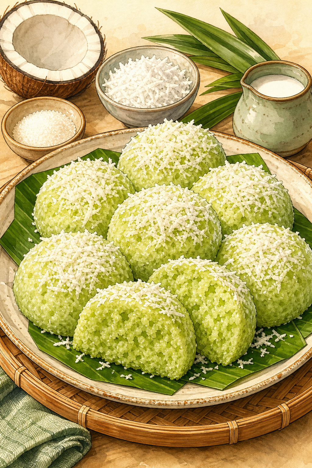 Traditional Putu Ayu illustrated recipe card