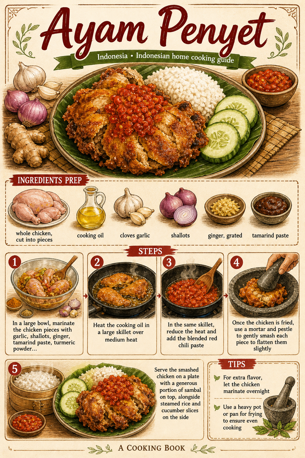 Traditional Ayam Penyet illustrated step-by-step cooking guide