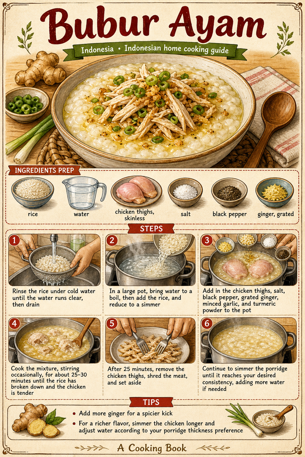 Indonesian Bubur Ayam illustrated step-by-step cooking guide