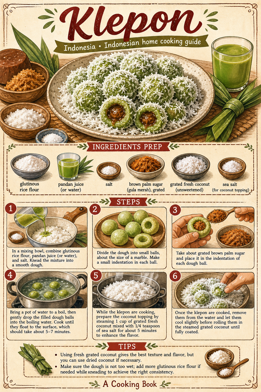 Traditional Klepon illustrated step-by-step cooking guide