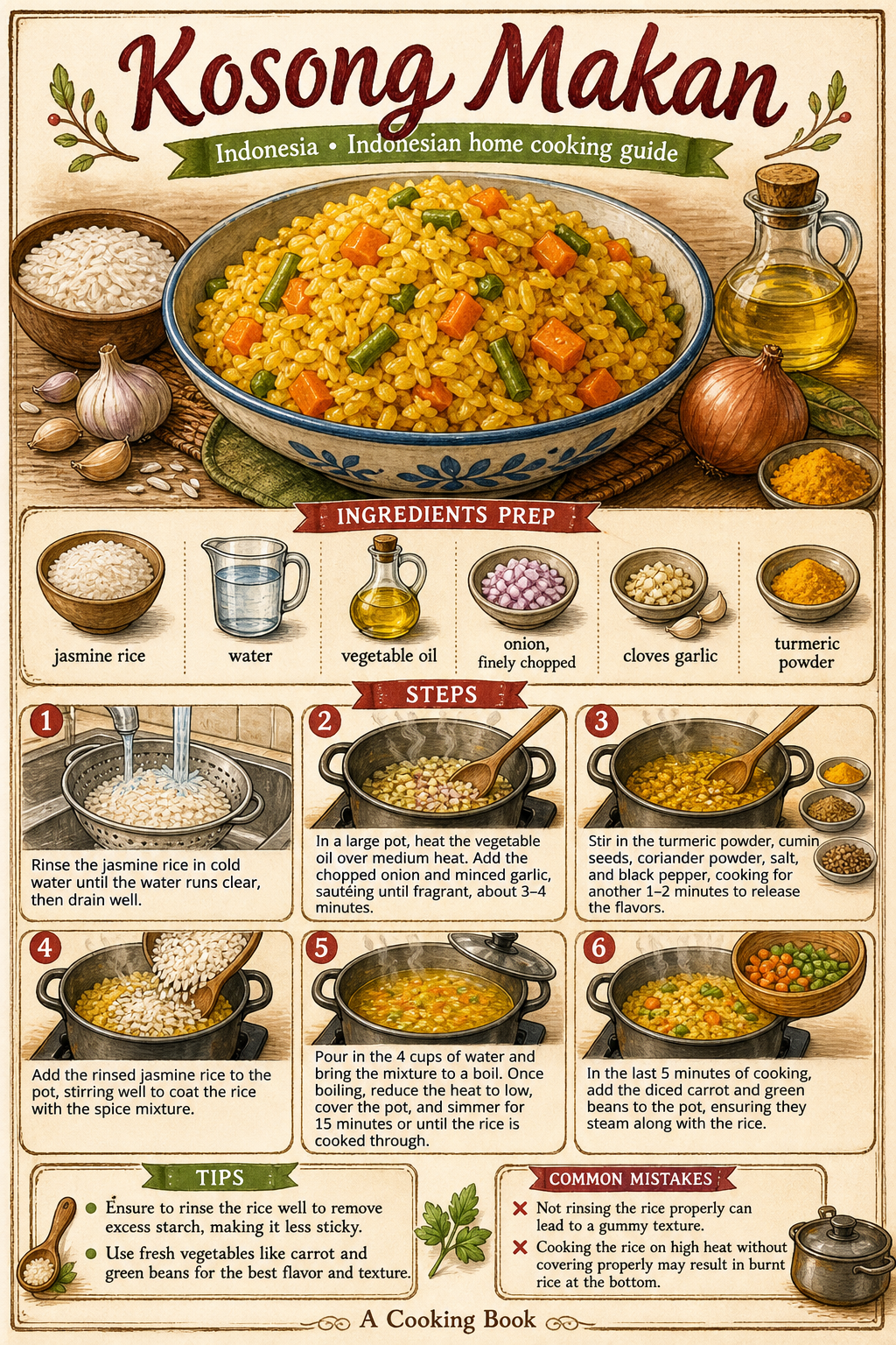 Traditional Indonesian Nasi Kuning illustrated step-by-step cooking guide