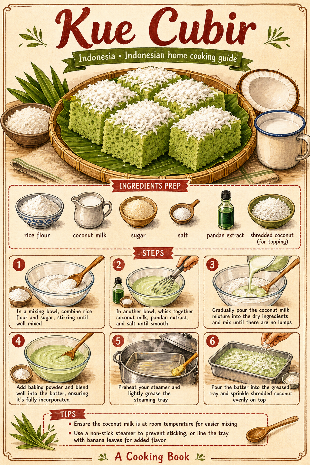 Traditional Putu Ayu illustrated step-by-step cooking guide