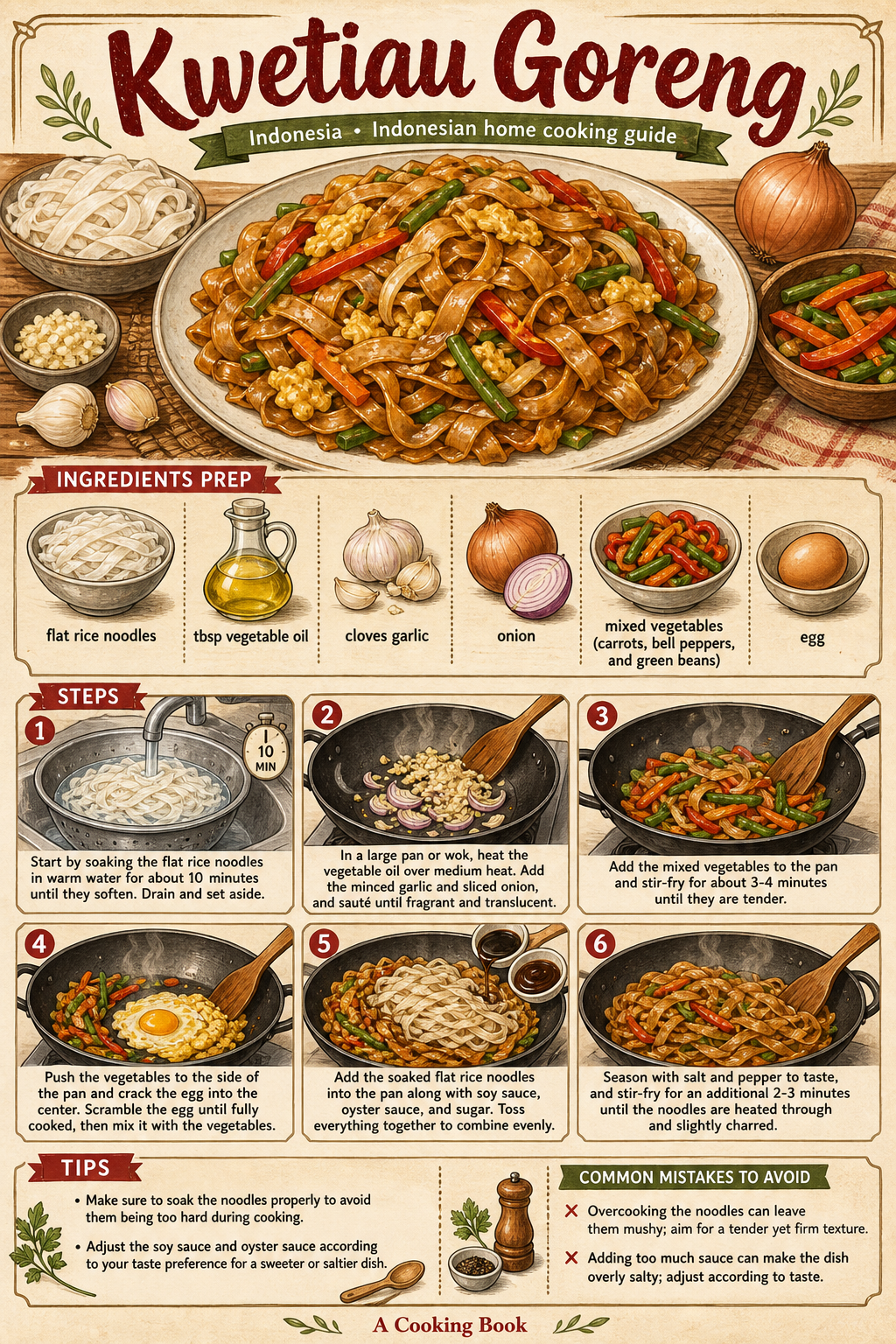 Indonesian Kwetiau Goreng illustrated step-by-step cooking guide