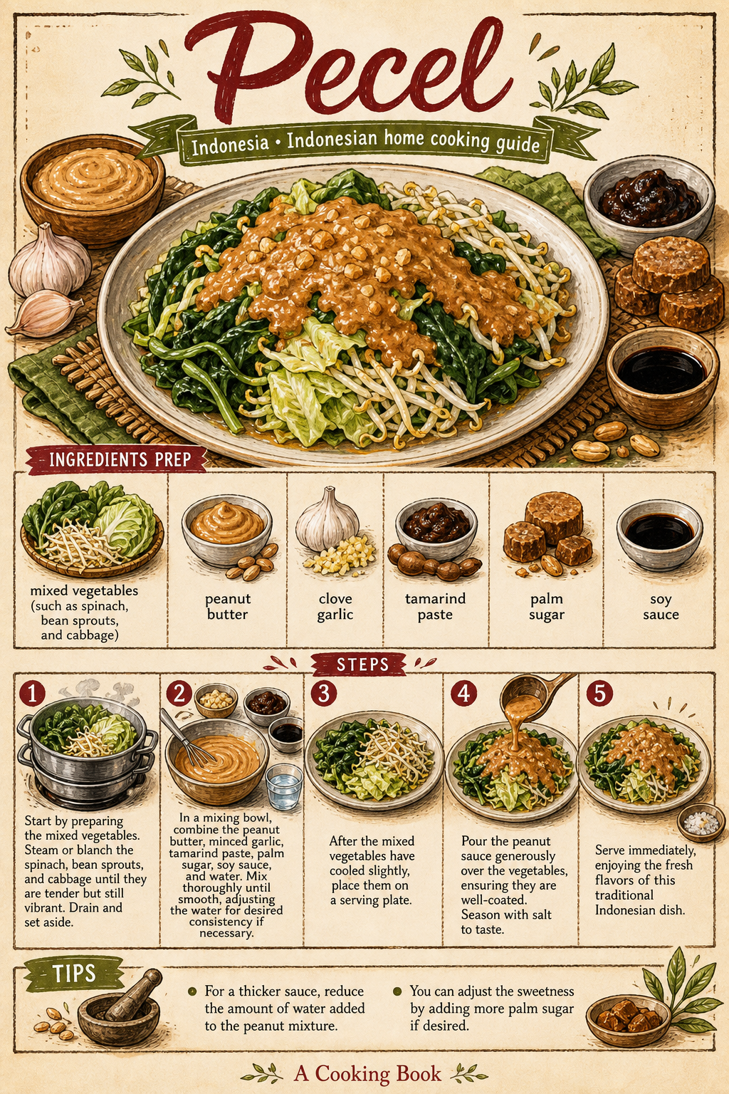 Traditional Javanese Pecel illustrated step-by-step cooking guide