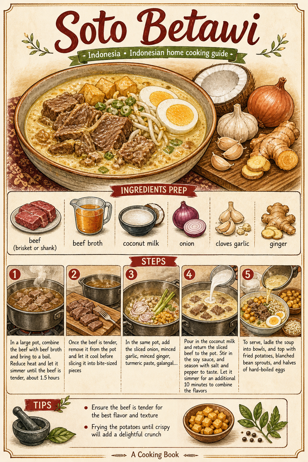 Traditional Soto Betawi illustrated step-by-step cooking guide
