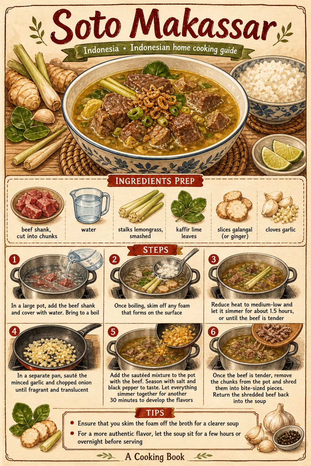 Traditional Coto Makassar illustrated step-by-step cooking guide