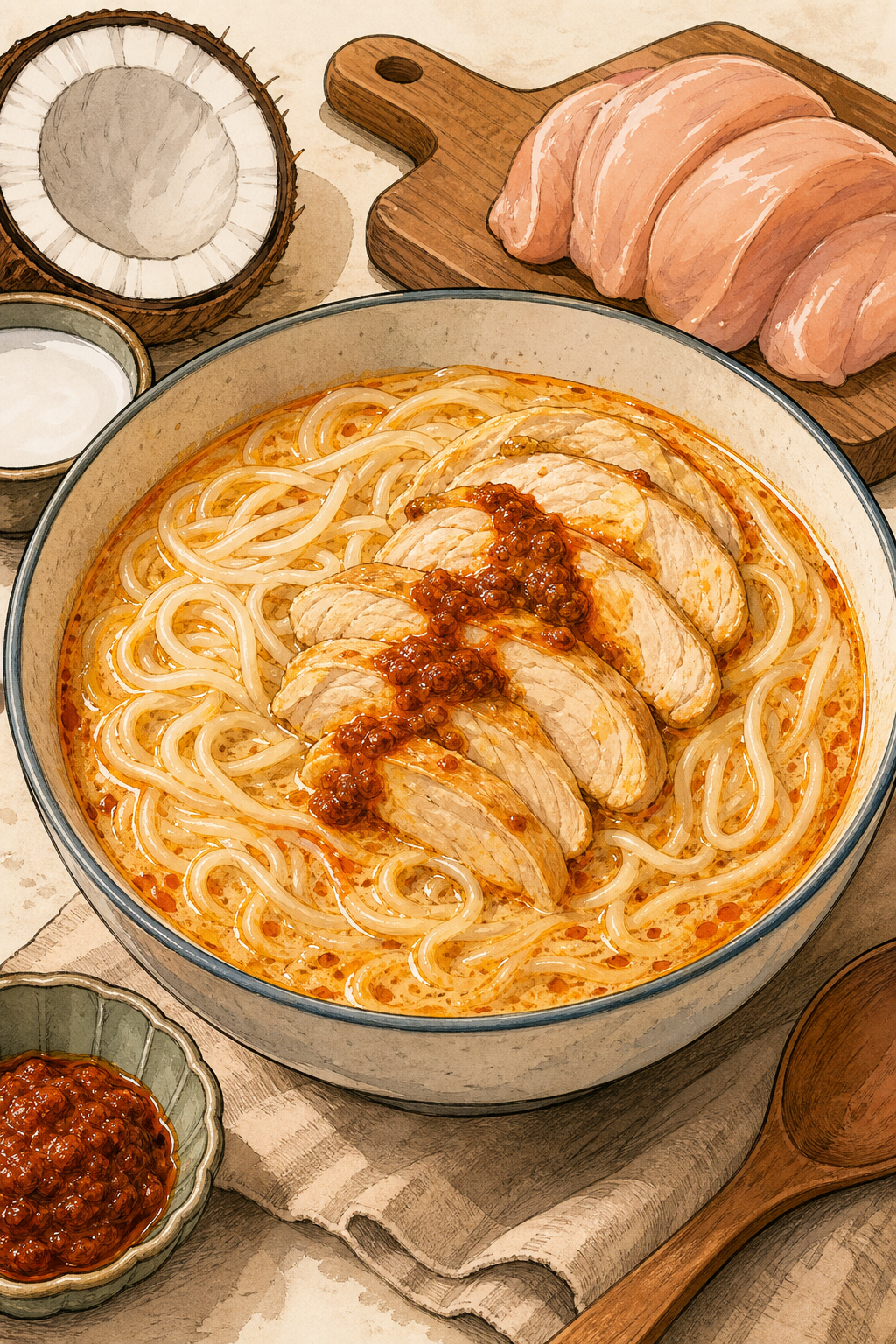 Laksa Sarawak illustrated recipe card