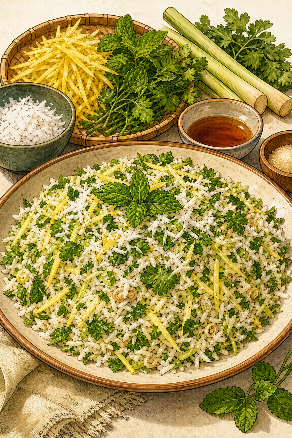 Nasi Ulam illustrated recipe card