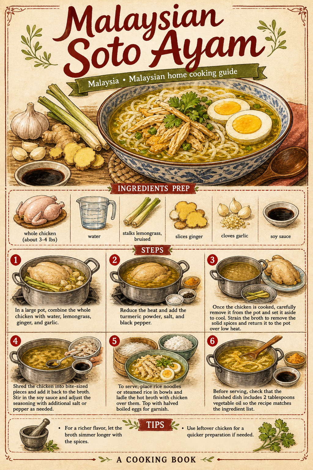 Malaysian Soto Ayam illustrated step-by-step cooking guide
