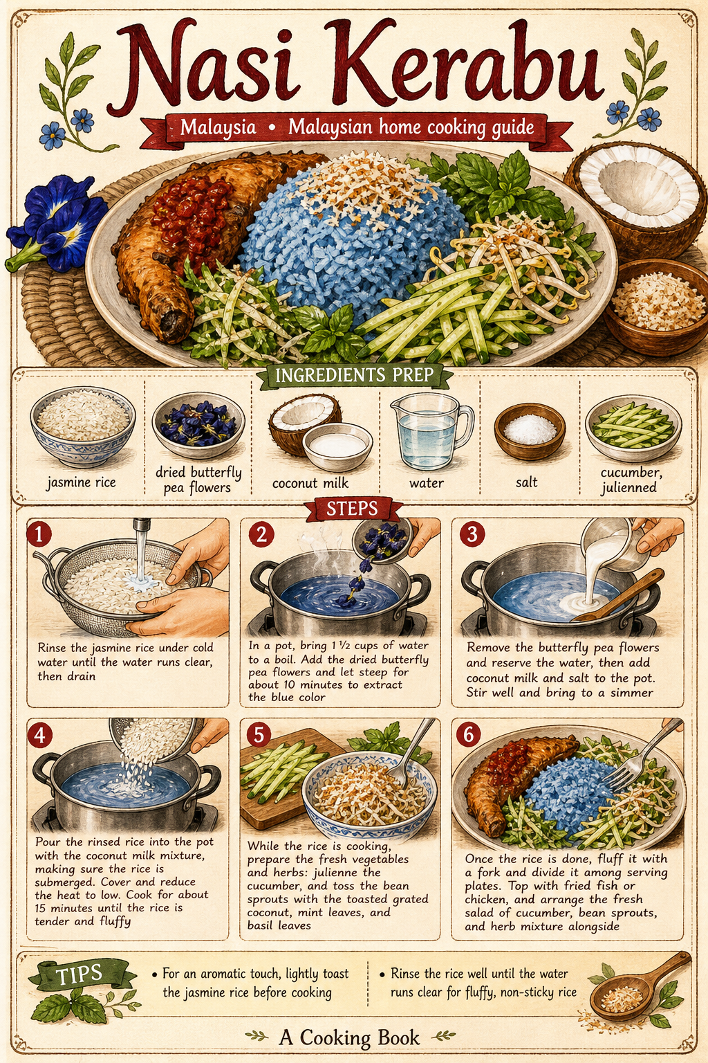 Nasi Kerabu illustrated step-by-step cooking guide